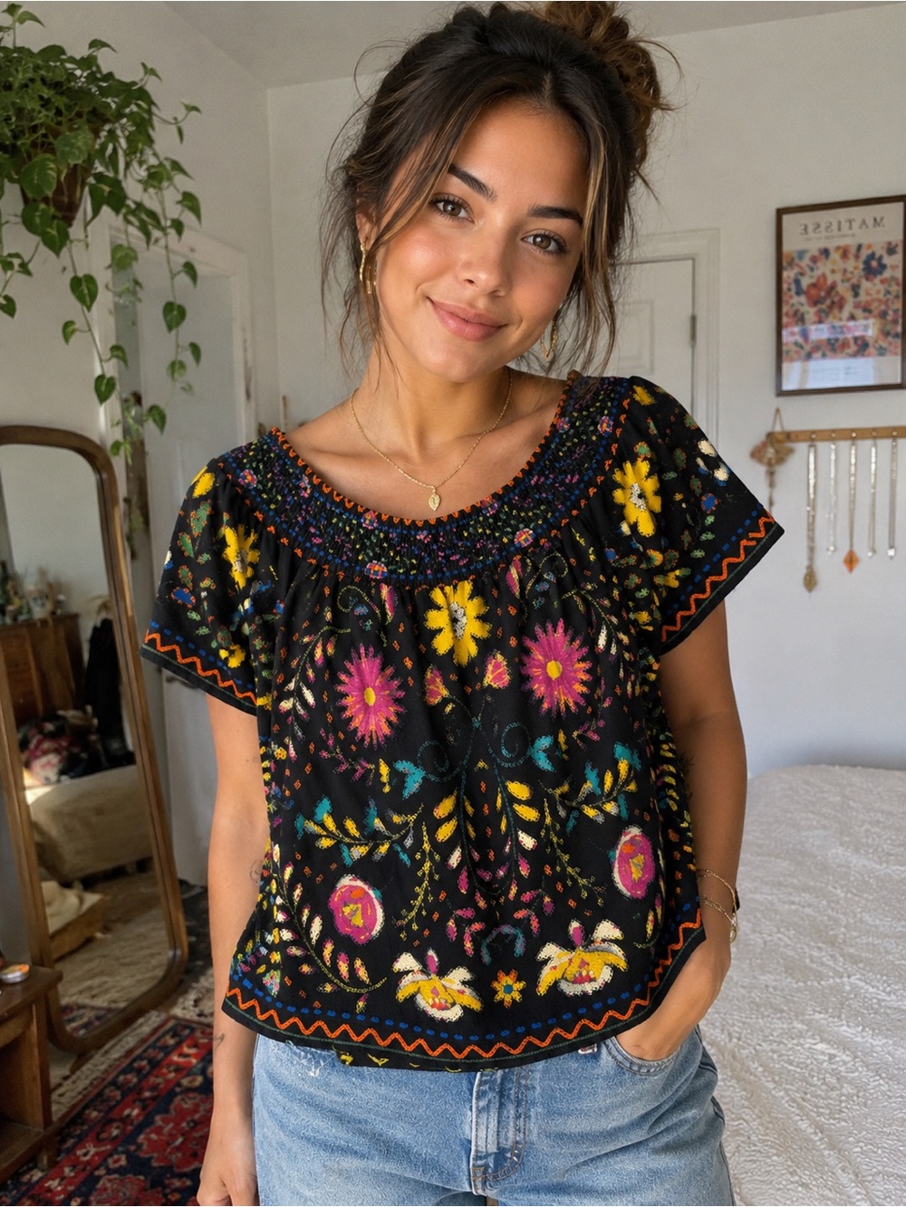 Flying Tomato Black Embroidered Floral Peasant Top